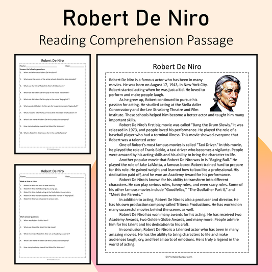 Robert De Niro | Reading Comprehension Passage Printable Activity