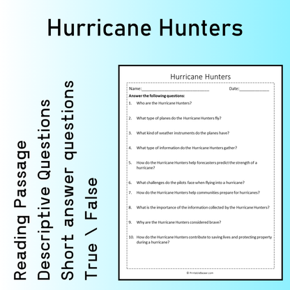 Hurricane Hunters | Reading Comprehension Passage Printable Worksheet