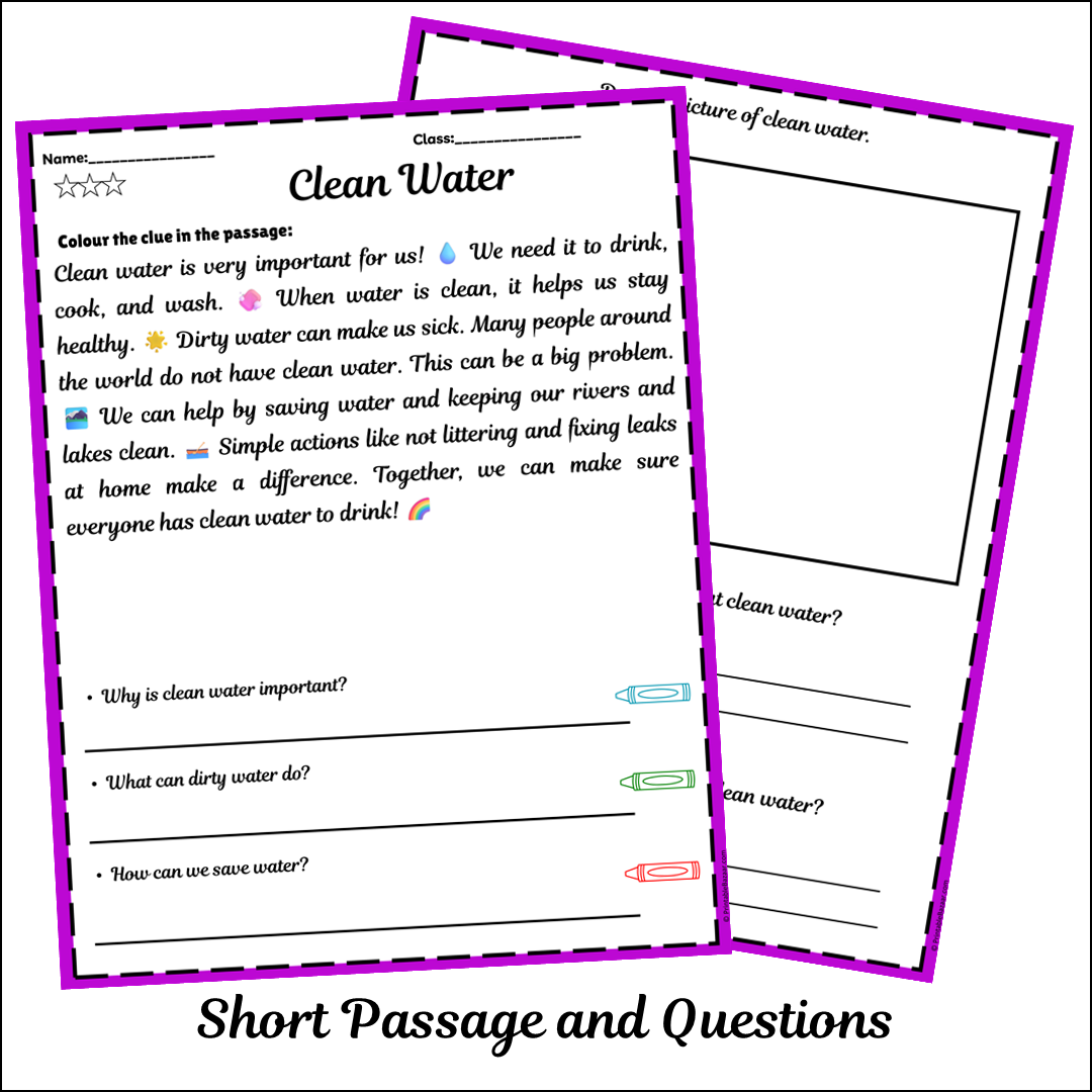 Clean Water | Short Reading Comprehension Creative Worksheet