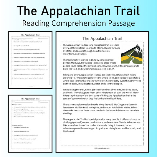 The Appalachian Trail | Reading Comprehension Passage Printable Worksheet