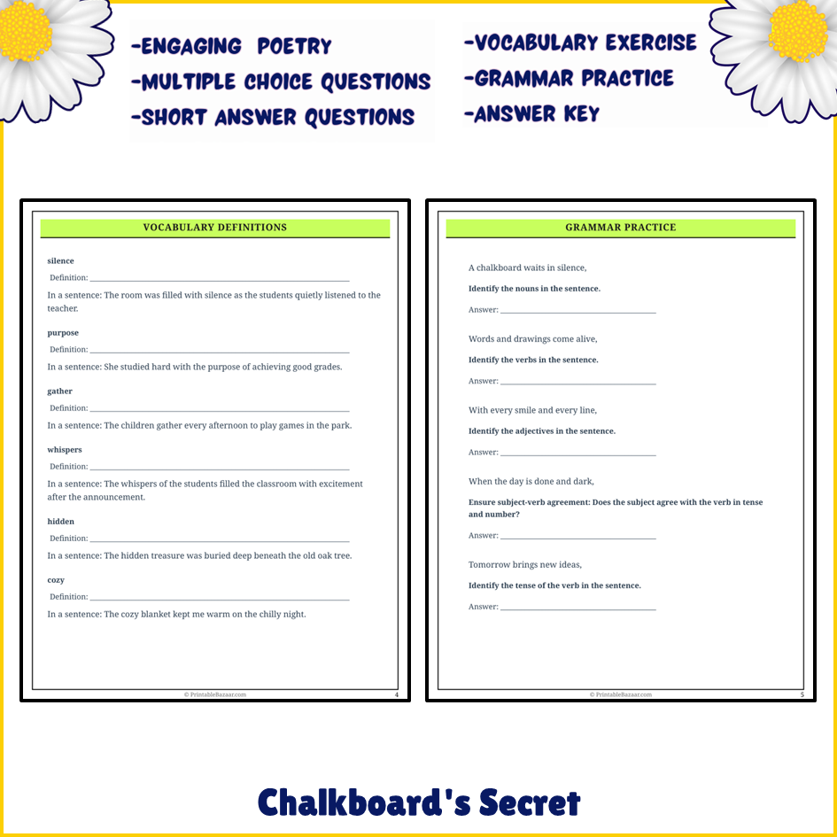 Chalkboard's Secret | Poem Grammar Worksheet Printable Activity