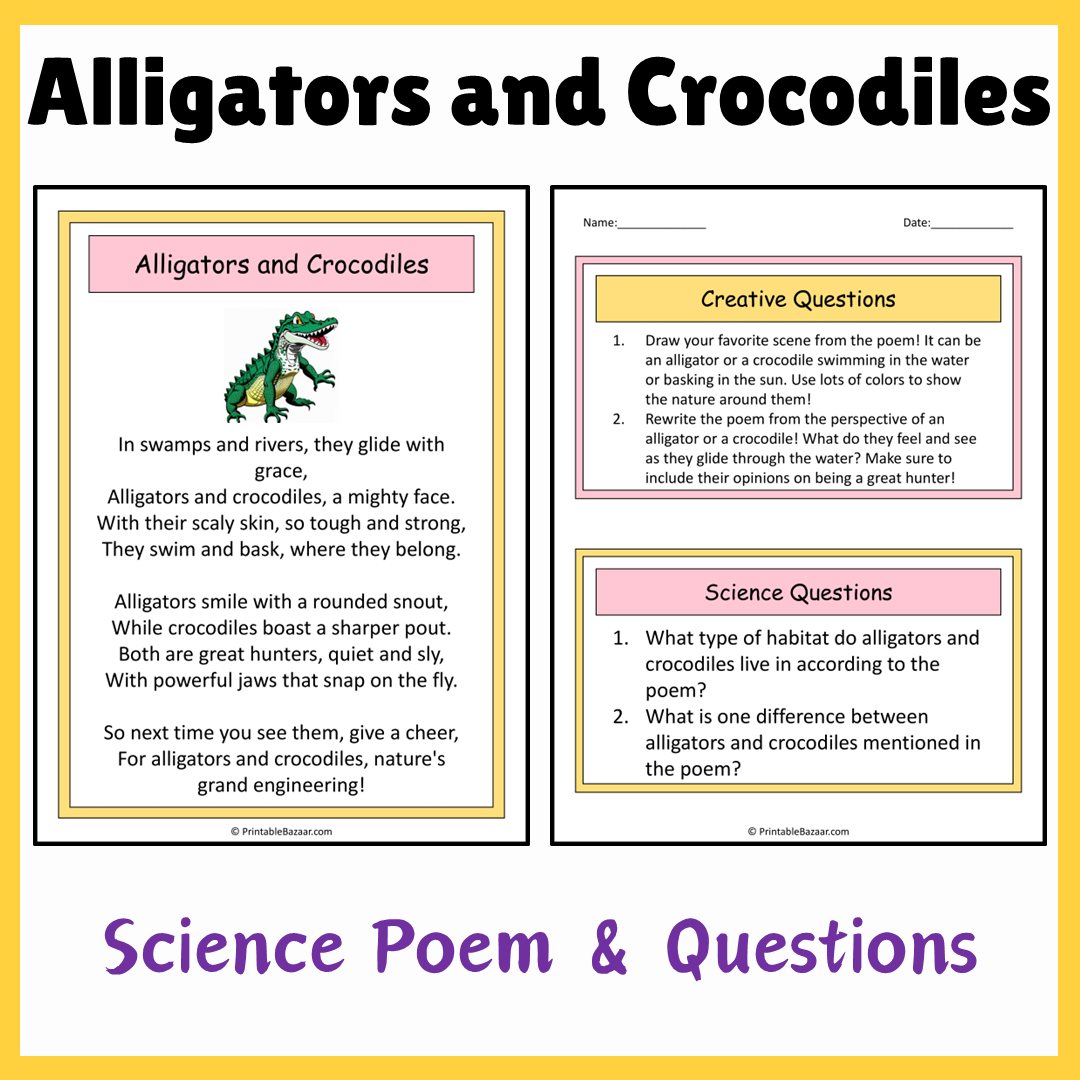 Alligators and Crocodiles | Science Poem Reading Comprehension Activity