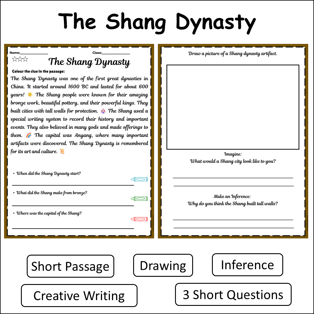 The Shang Dynasty | Short Reading Comprehension Creative Worksheet