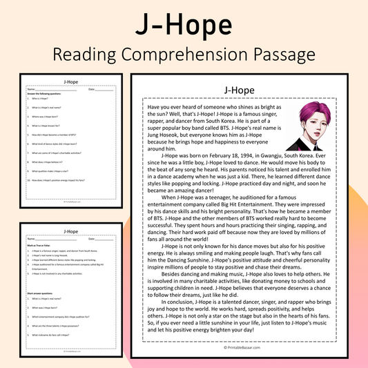 J-Hope | Reading Comprehension Passage Printable Activity
