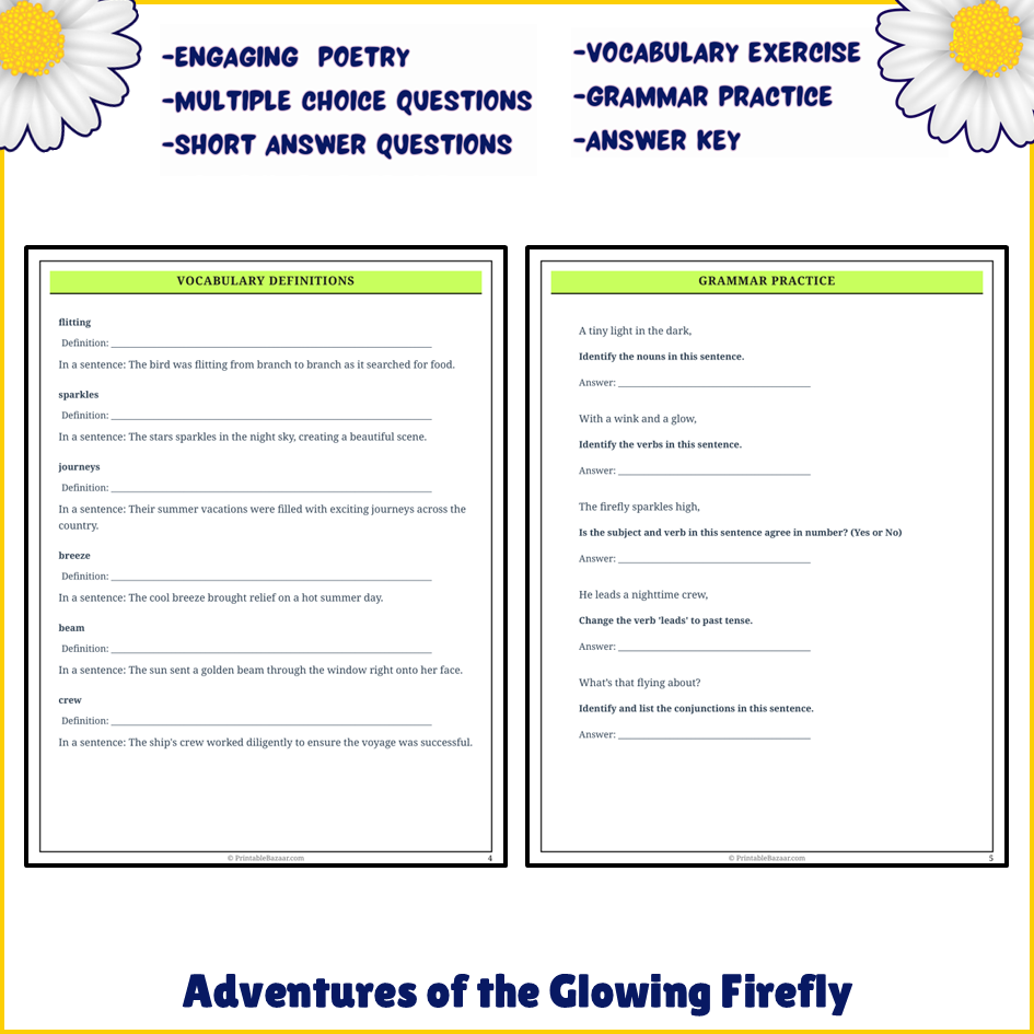 Adventures of the Glowing Firefly | Poem Grammar Worksheet Printable Activity