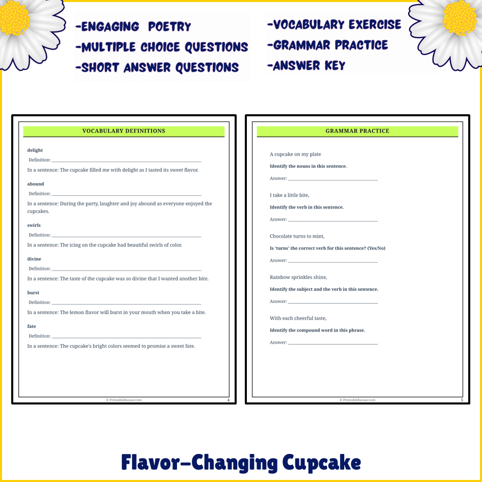 Flavor-Changing Cupcake | Poem Grammar Worksheet Printable Activity