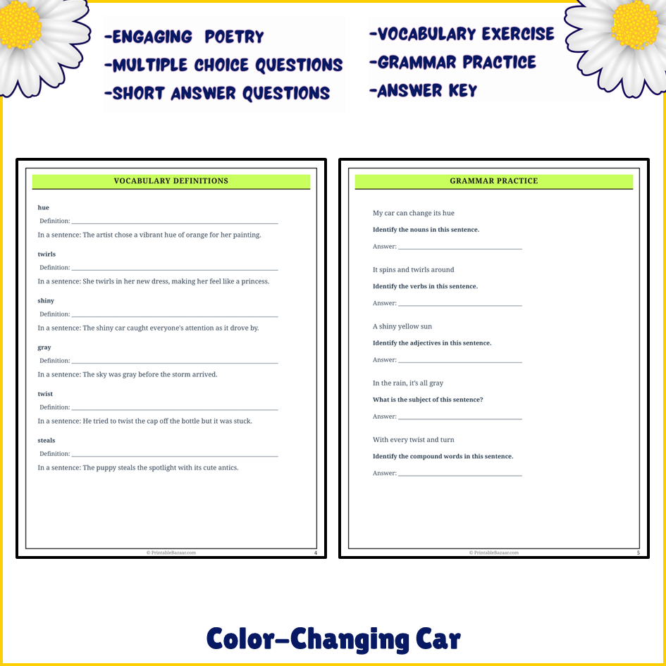 Color-Changing Car | Poem Grammar Worksheet Printable Activity