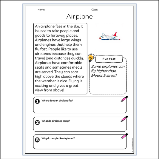 Airplane | Reading Passage Comprehension Questions Writing Facts Worksheet