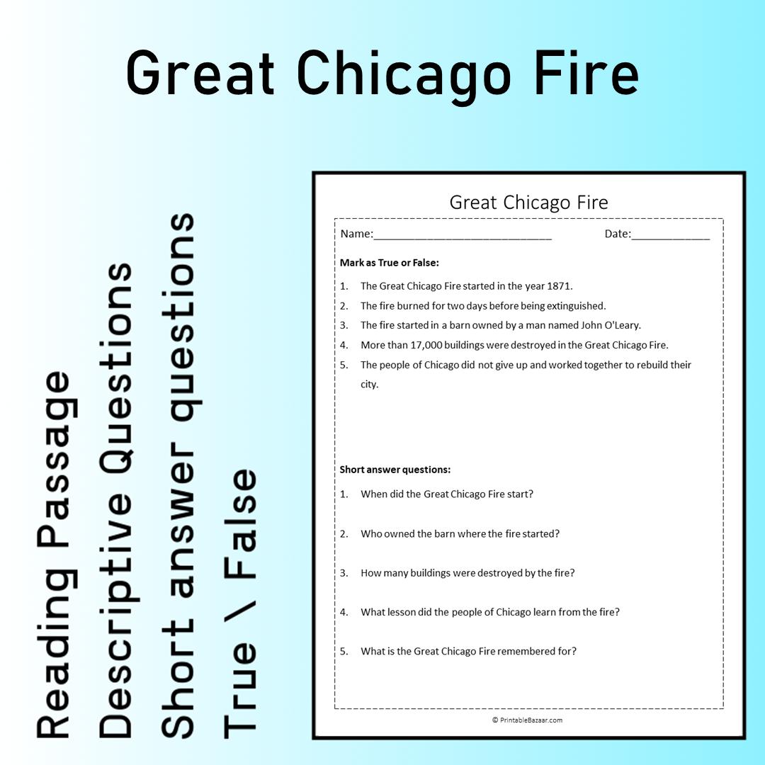 Great Chicago Fire | Reading Comprehension Passage Printable Worksheet