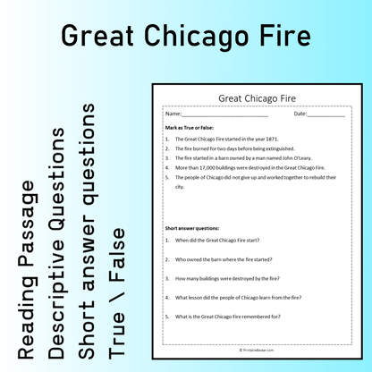 Great Chicago Fire | Reading Comprehension Passage Printable Worksheet