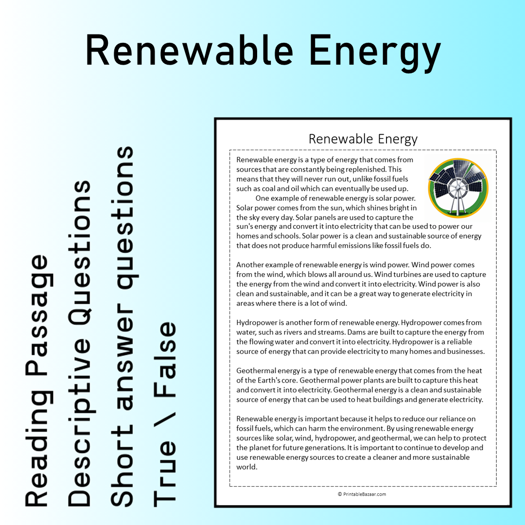 Renewable Energy | Reading Comprehension Passage Printable Worksheet
