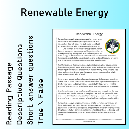 Renewable Energy | Reading Comprehension Passage Printable Worksheet