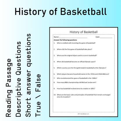 History of Basketball | Reading Comprehension Passage Printable Worksheet