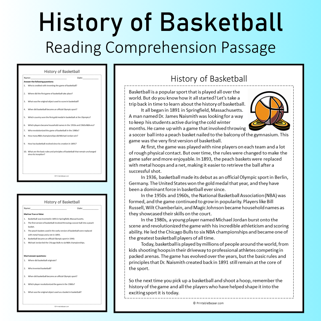 History of Basketball | Reading Comprehension Passage Printable Worksheet