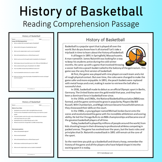 History of Basketball | Reading Comprehension Passage Printable Worksheet