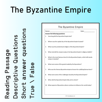 The Byzantine Empire | Reading Comprehension Passage Printable Worksheet