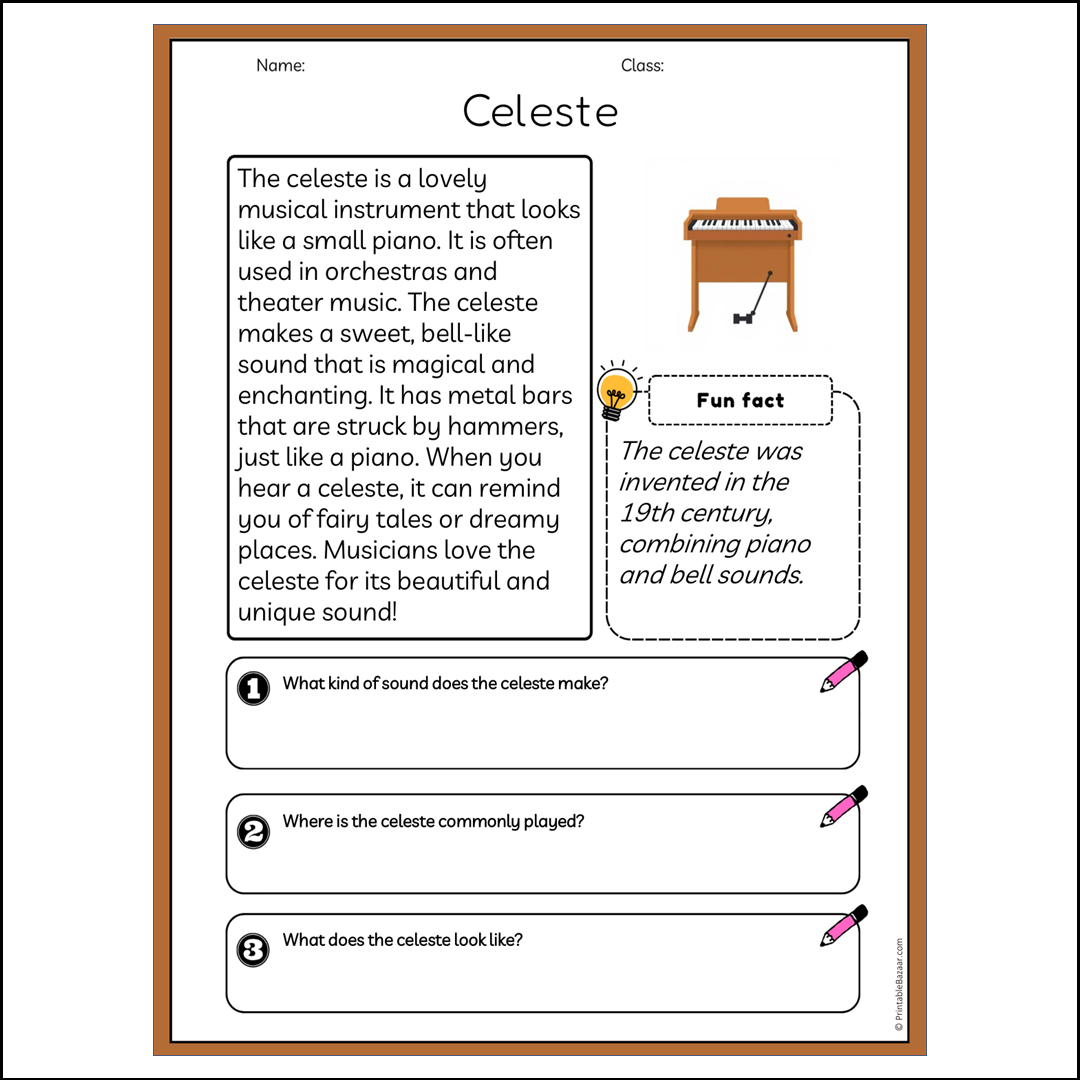 Celeste | Reading Passage Comprehension Questions Writing Facts Worksheet