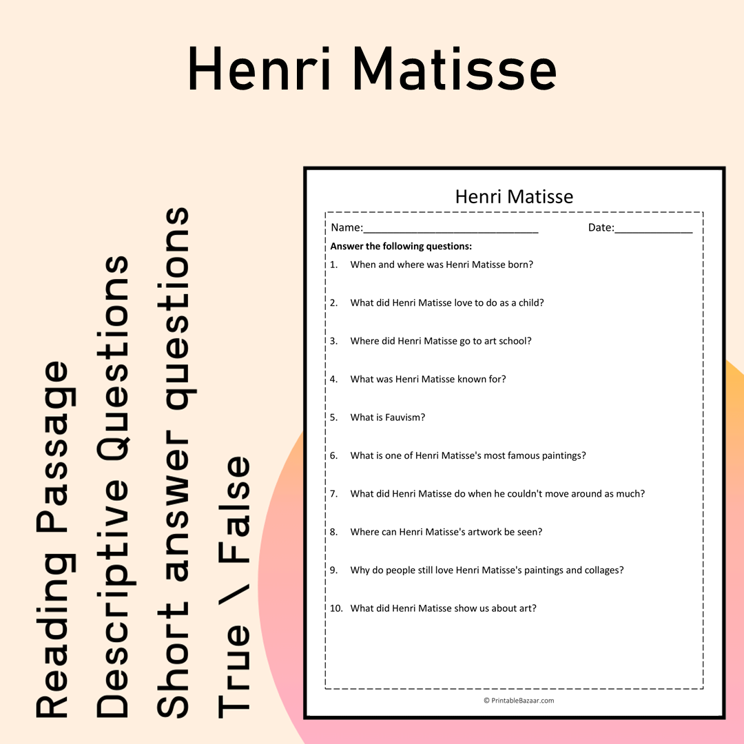 Henri Matisse | Reading Comprehension Passage Printable Activity