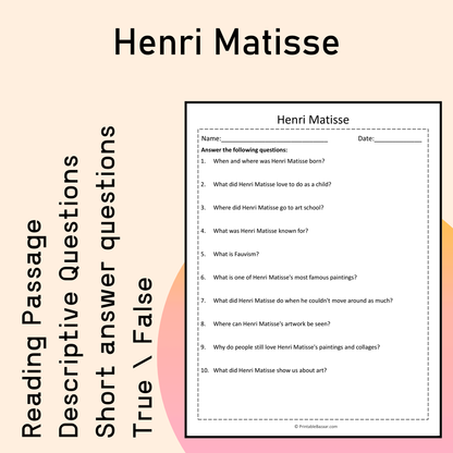 Henri Matisse | Reading Comprehension Passage Printable Activity
