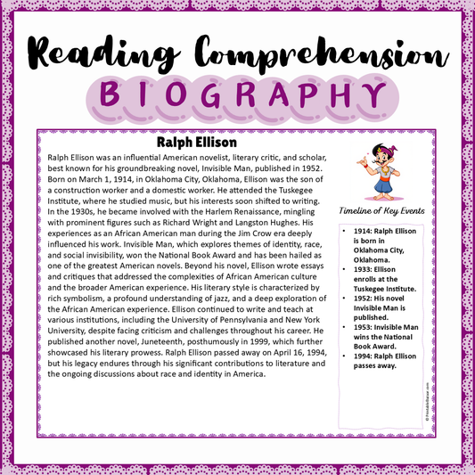 Ralph Ellison | Biography Reading Comprehension and Questions Worksheet