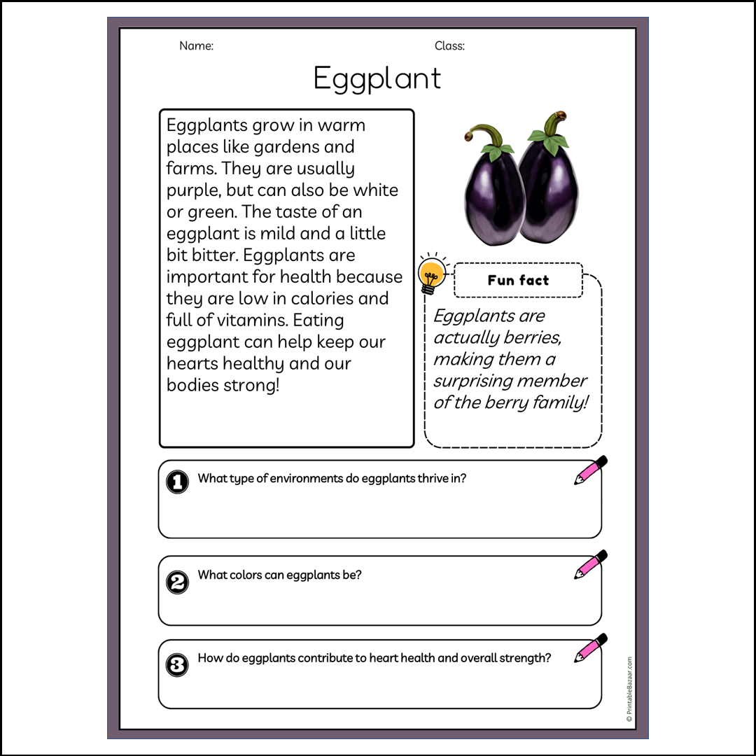 Eggplant | Reading Passage Comprehension Questions Writing Facts Worksheet