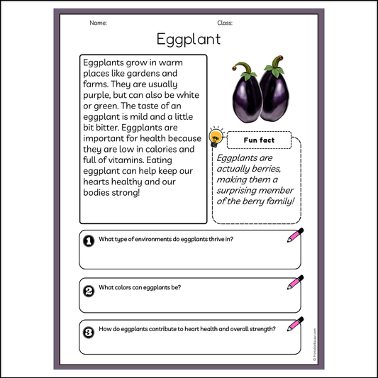 Eggplant | Reading Passage Comprehension Questions Writing Facts Worksheet