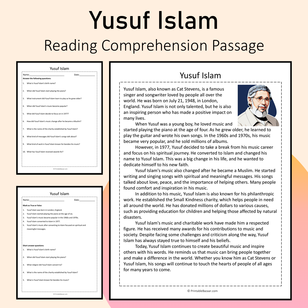 Yusuf Islam | Reading Comprehension Passage Printable Activity