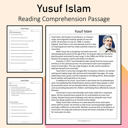 Yusuf Islam | Reading Comprehension Passage Printable Activity