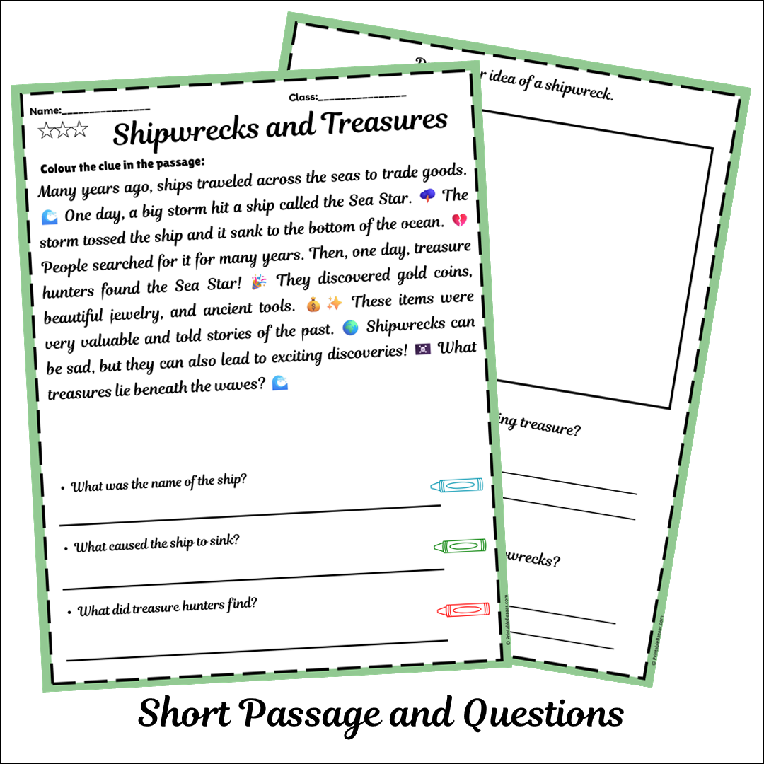Shipwrecks and Treasures | Short Reading Comprehension Creative Worksheet