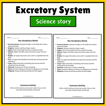 Excretory System | Science Story Reading Comprehension Activity