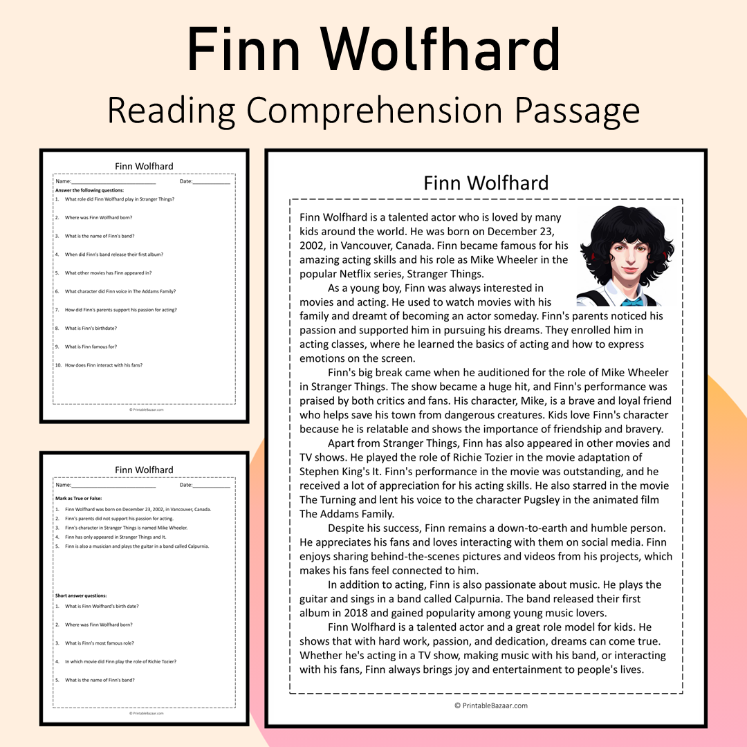 Finn Wolfhard | Reading Comprehension Passage Printable Activity