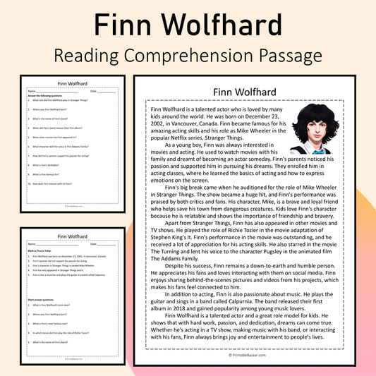 Finn Wolfhard | Reading Comprehension Passage Printable Activity