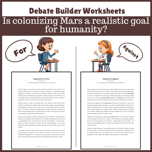 Is colonizing Mars a realistic goal for humanity? | Favour and Against Worksheet Printable Activity