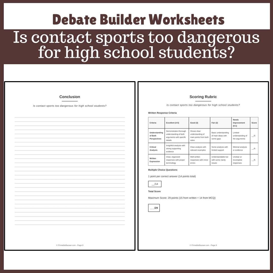 Is contact sports too dangerous for high school students? | Favour and Against Worksheet Printable Activity