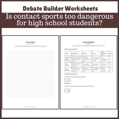 Is contact sports too dangerous for high school students? | Favour and Against Worksheet Printable Activity