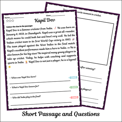 Kapil Dev | Short Reading Comprehension Creative Worksheet