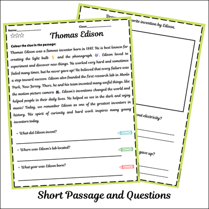 Thomas Edison | Short Reading Comprehension Creative Worksheet