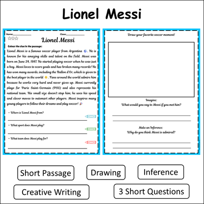 Lionel Messi | Short Reading Comprehension Creative Worksheet