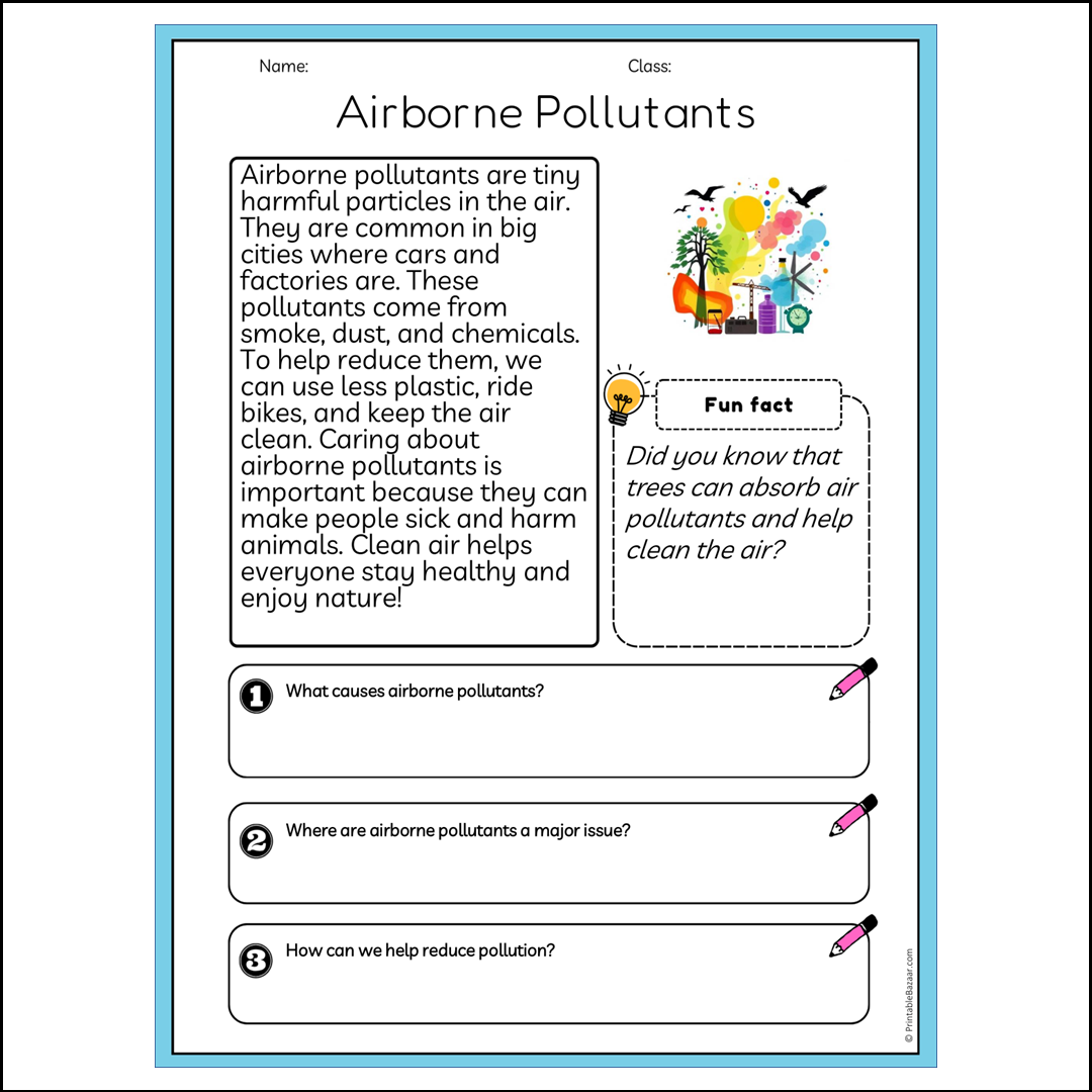 Airborne Pollutants | Reading Passage Comprehension Questions Writing Facts Worksheet