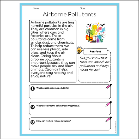 Airborne Pollutants | Reading Passage Comprehension Questions Writing Facts Worksheet