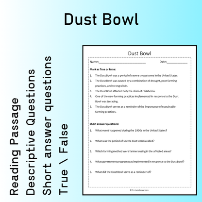 Dust Bowl | Reading Comprehension Passage Printable Worksheet
