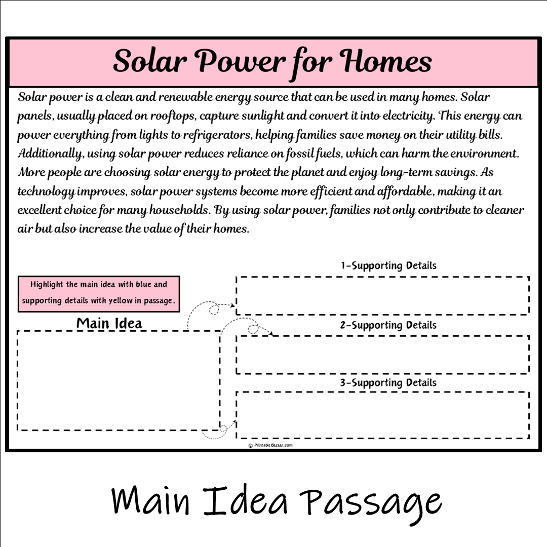 Solar Power for Homes | Main Idea and Supporting Details Reading Passage and Questions