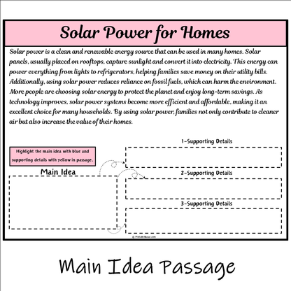 Solar Power for Homes | Main Idea and Supporting Details Reading Passage and Questions