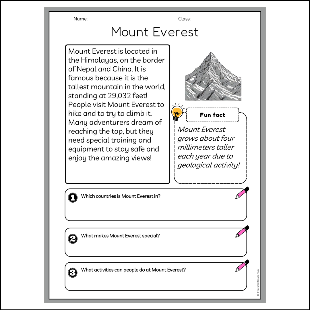 Mount Everest | Reading Passage Comprehension Questions Writing Facts Worksheet