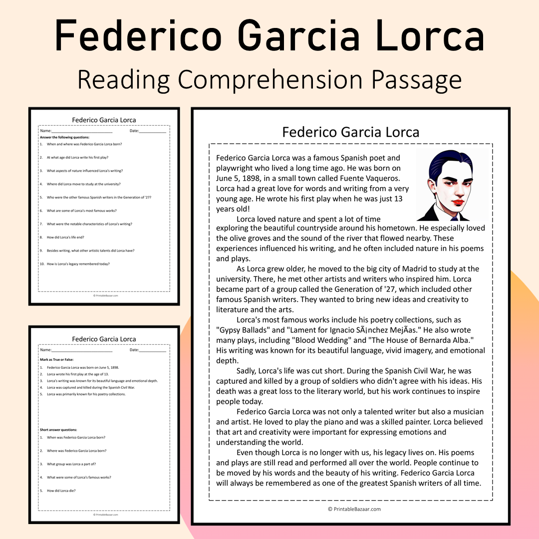 Federico Garcia Lorca | Reading Comprehension Passage Printable Activity