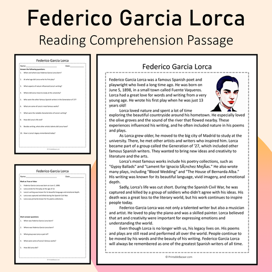Federico Garcia Lorca | Reading Comprehension Passage Printable Activity