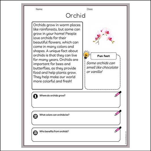 Orchid | Reading Passage Comprehension Questions Writing Facts Worksheet