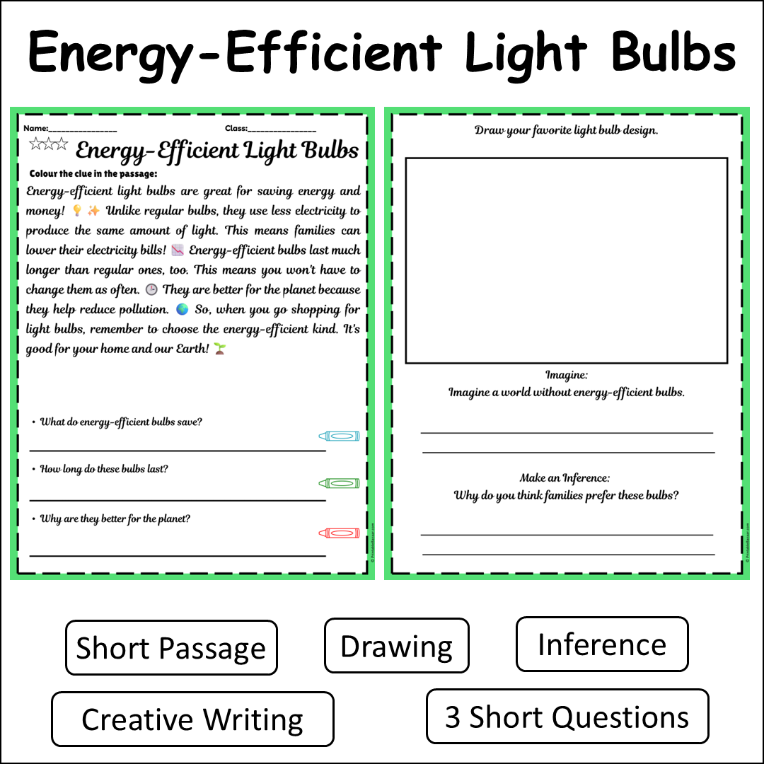 Energy-Efficient Light Bulbs | Short Reading Comprehension Creative Worksheet