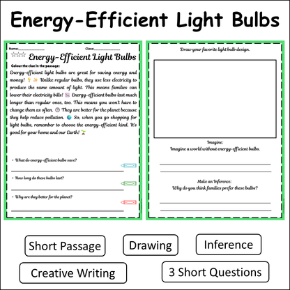 Energy-Efficient Light Bulbs | Short Reading Comprehension Creative Worksheet