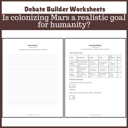 Is colonizing Mars a realistic goal for humanity? | Favour and Against Worksheet Printable Activity